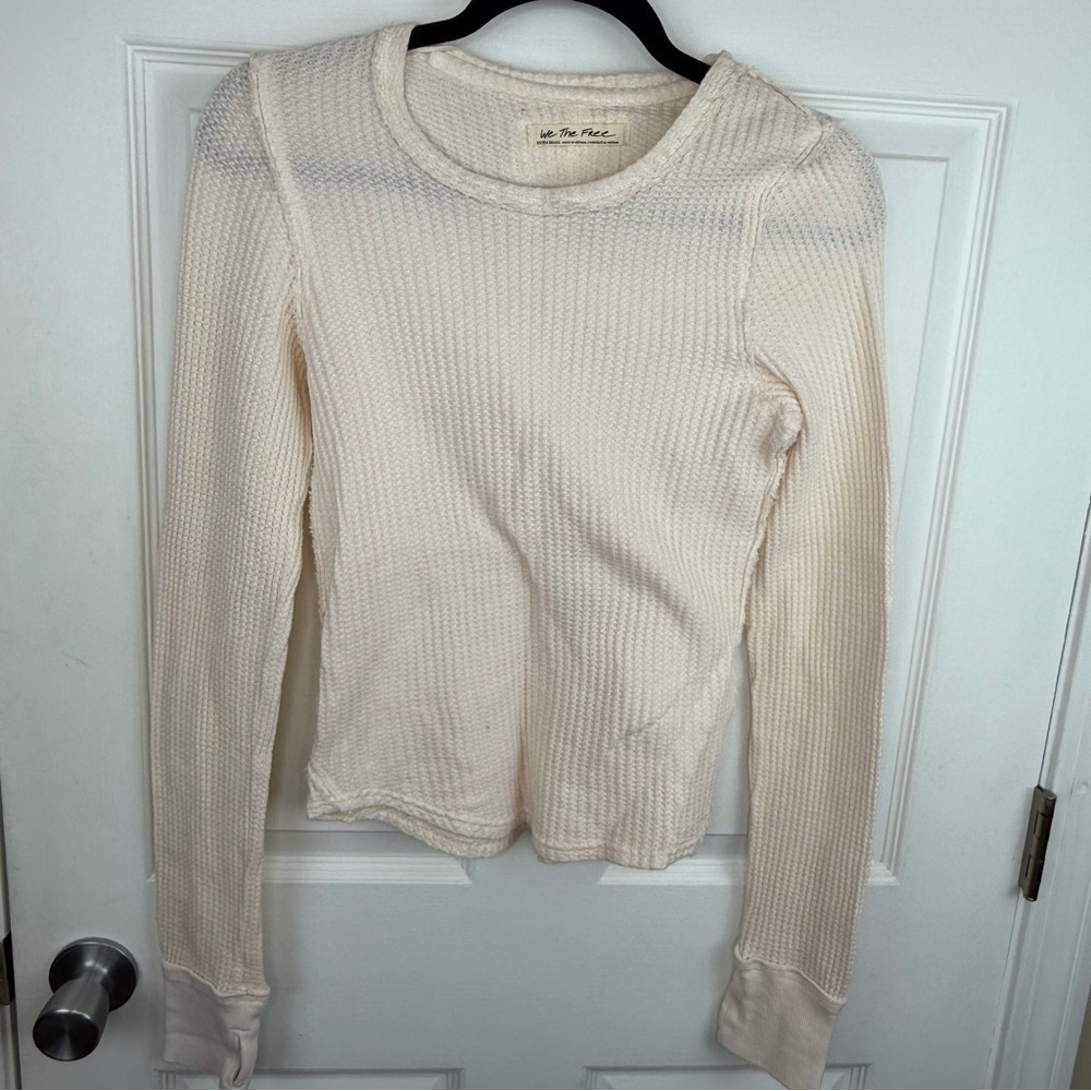 Free People Ivory Waffle Knit Long Sleeve Top XS